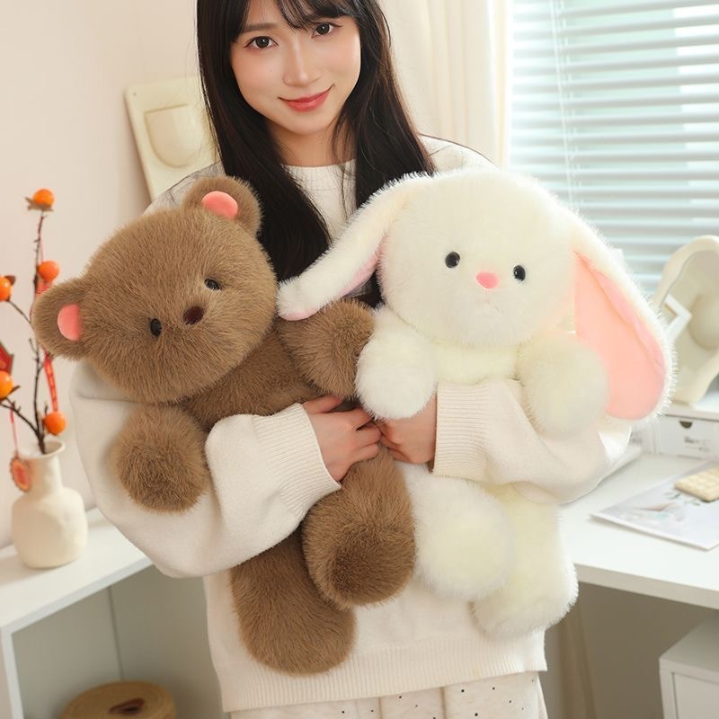 Bear and rabbit plush toys with a soft fluffy design, cozy home setting showcasing their cuddly size, ideal for hugging and decorative use