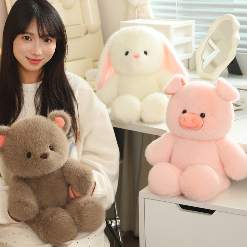 Pig, bear and rabbit plush toys in a cozy room setting, soft cuddly texture creating a warm and relaxing atmosphere for home decor