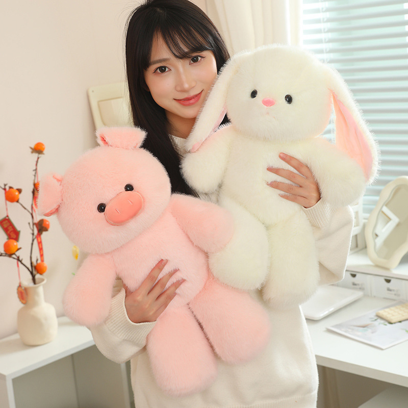 Pig and rabbit plush toys held in a cozy indoor setting, soft fluffy texture and large huggable size, perfect for cuddling and relaxing at home