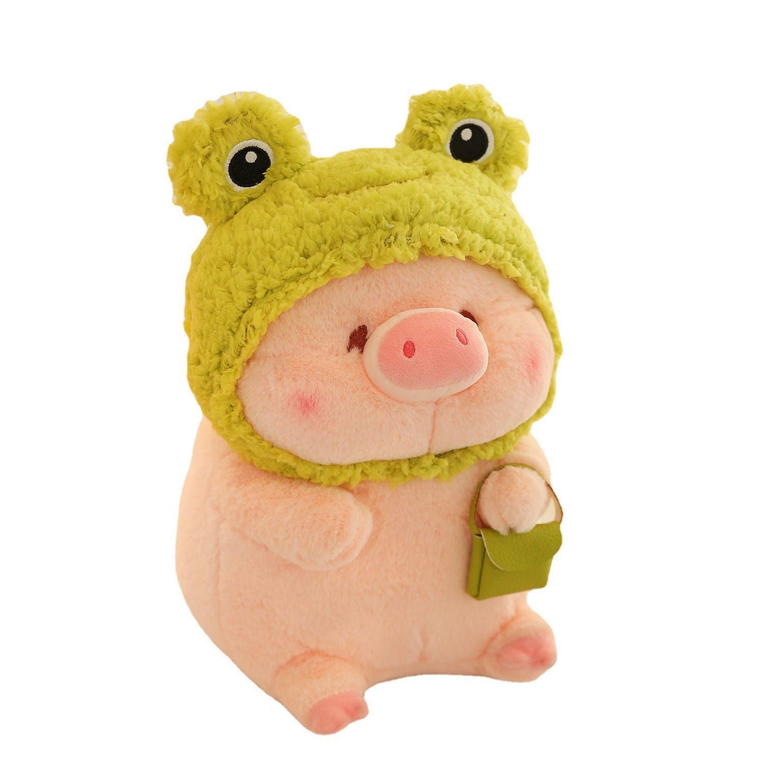 Pig plush toy in frog costume with soft plush fabric and small pouch detail, cute stuffed animal for cuddling or decorative use