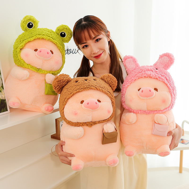 Pig plush toy in animal costume with frog, bear, and rabbit variations, soft plush fabric and cute design suitable for cozy spaces, decoration, and everyday comfort
