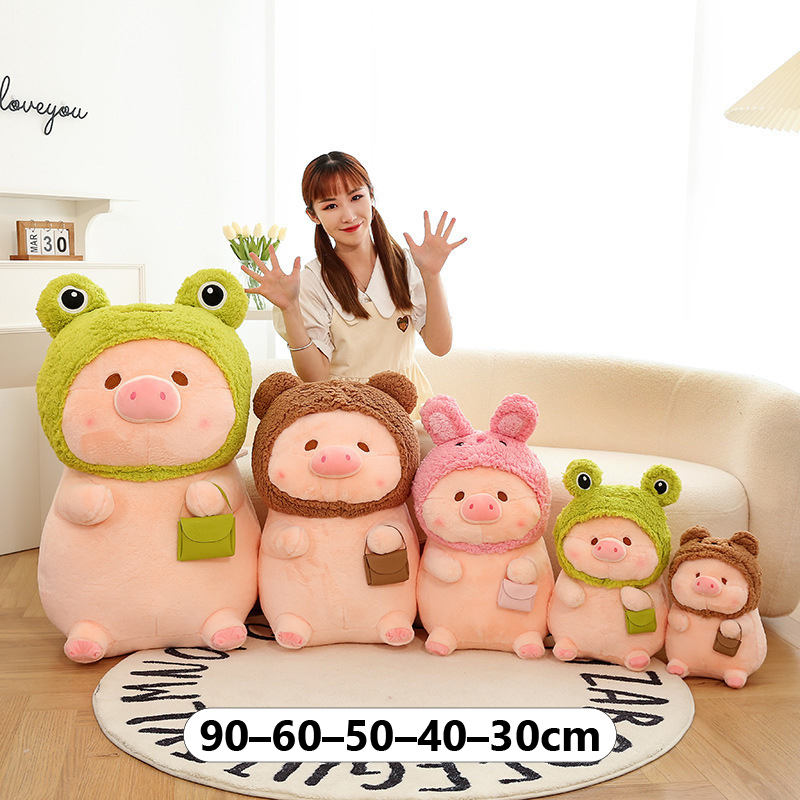 Pig plush toy in animal costume size comparison showing 30 to 90 cm options, soft stuffed toy for hugging, decorating, or relaxing
