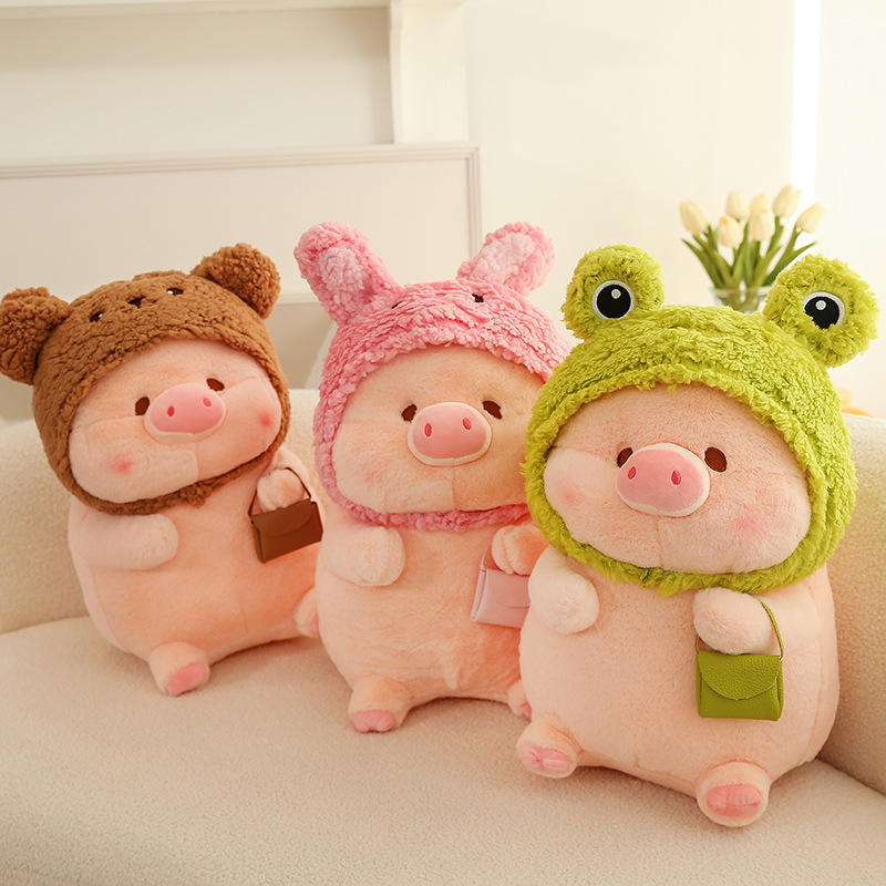 Pig plush toy in animal costume featuring frog, rabbit, and bear designs, soft stuffed plush suitable for cuddling, decorating sofas, and adding a warm, cozy touch to living spaces