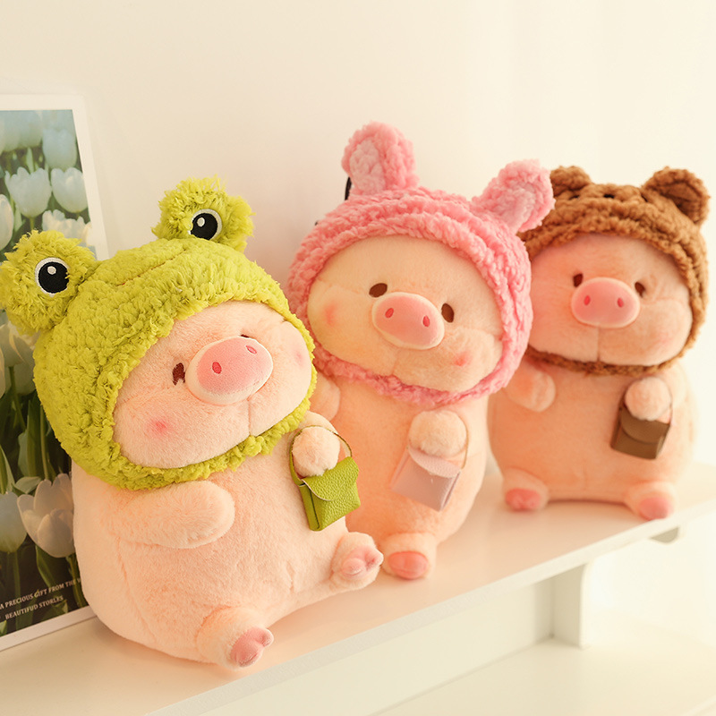 Pig plush toy in animal costume with frog, rabbit, and bear variations, soft stuffed plush arranged on a shelf, suitable for cuddling, decorating rooms, and creating a cozy atmosphere