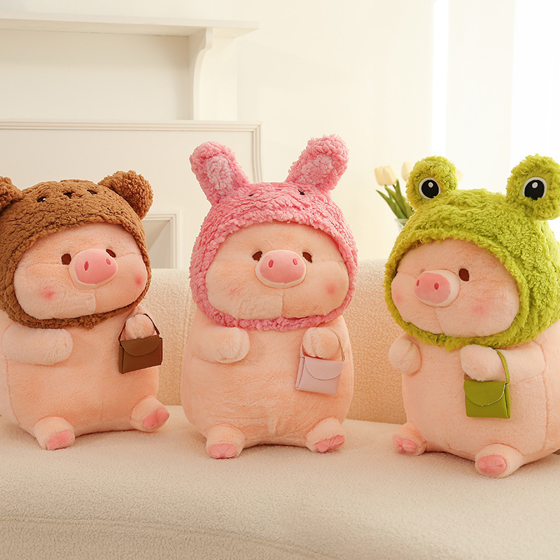 Pig plush toy in animal costume with bear, rabbit, and frog variations, soft stuffed design for cuddling, decorating sofas and shelves, and adding a warm, cozy atmosphere
