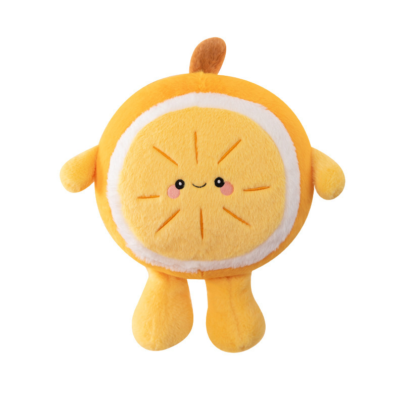 Orange plush pillow with smiling face, small arms and legs, soft stuffed fruit cushion isolated on a white background