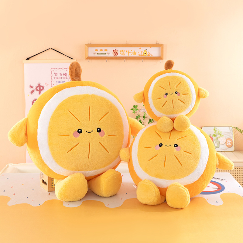 Orange plush pillow in multiple size options with smiling face and soft texture, cute fruit cushion for home decor, relaxing, and everyday comfort