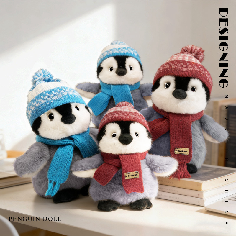 Cute winter penguin plush toys with hat and scarf on desk soft stuffed animal cozy home decor display