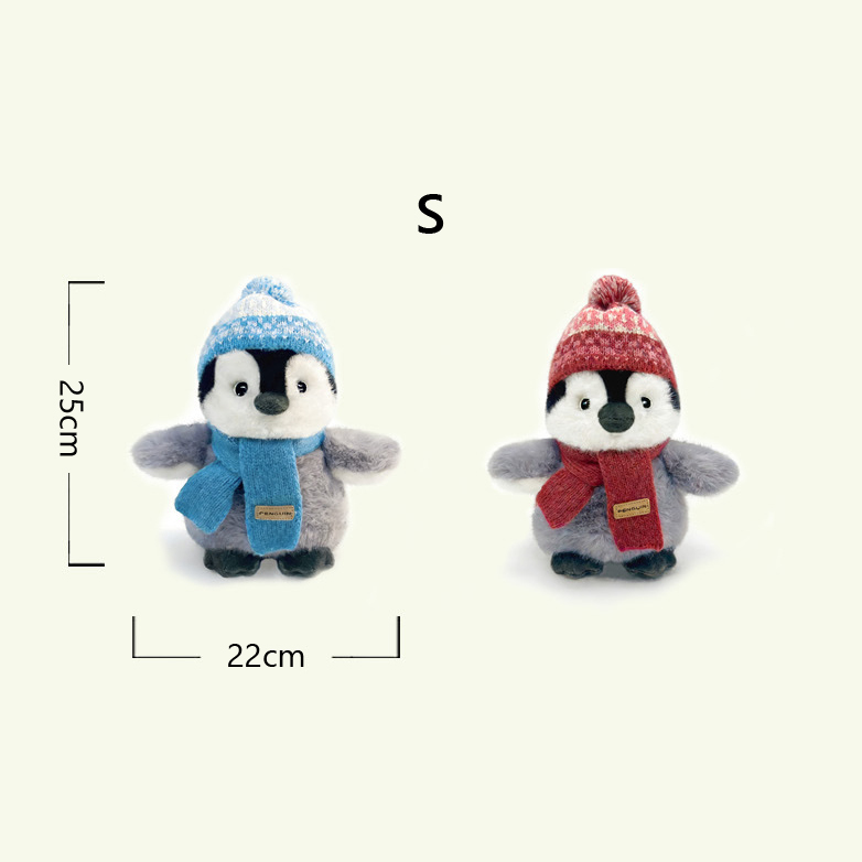 Winter penguin plush toy small size 25 cm with blue and red scarf soft stuffed animal size comparison
