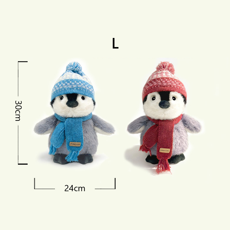 Winter penguin plush toy large size 30 cm with blue and red scarf soft stuffed animal size reference display