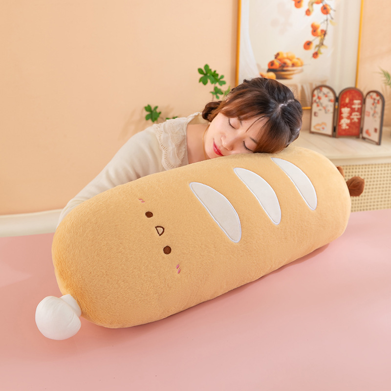 Chef baguette plush pillow used as a body pillow for resting and relaxing, soft cushion designed for lounging and cozy naps