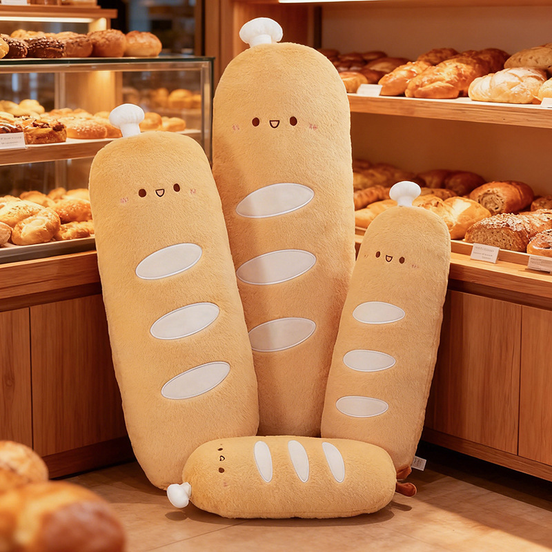 Chef baguette plush pillow displayed in a bakery setting, soft long body pillow with chef hat design, cozy and decorative cushion for home and sofa use