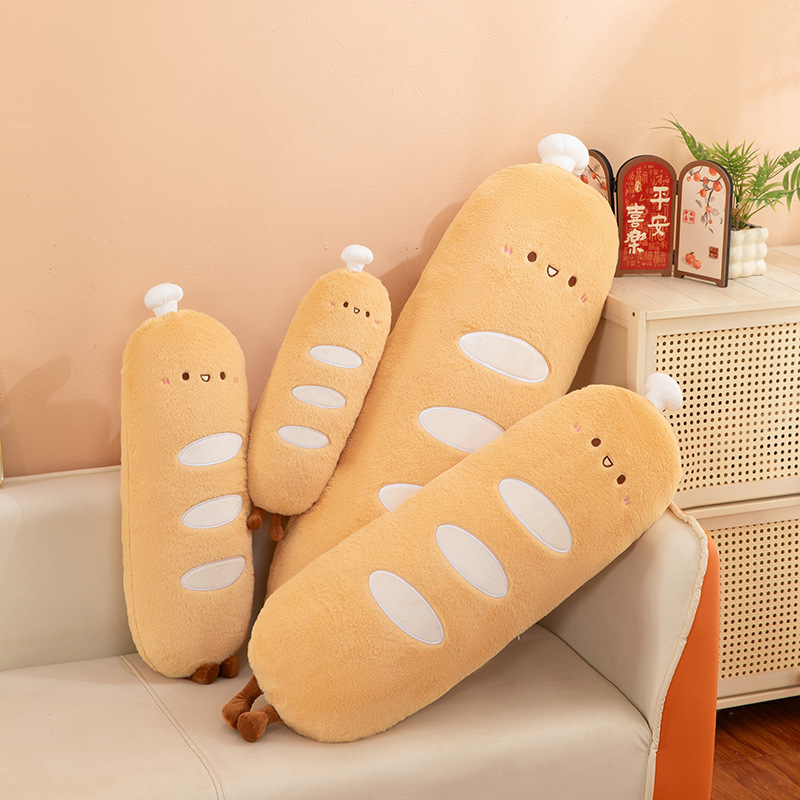 Chef baguette plush pillow in multiple sizes displayed on a sofa, long plush cushions suitable for hugging, lounging, and home decoration