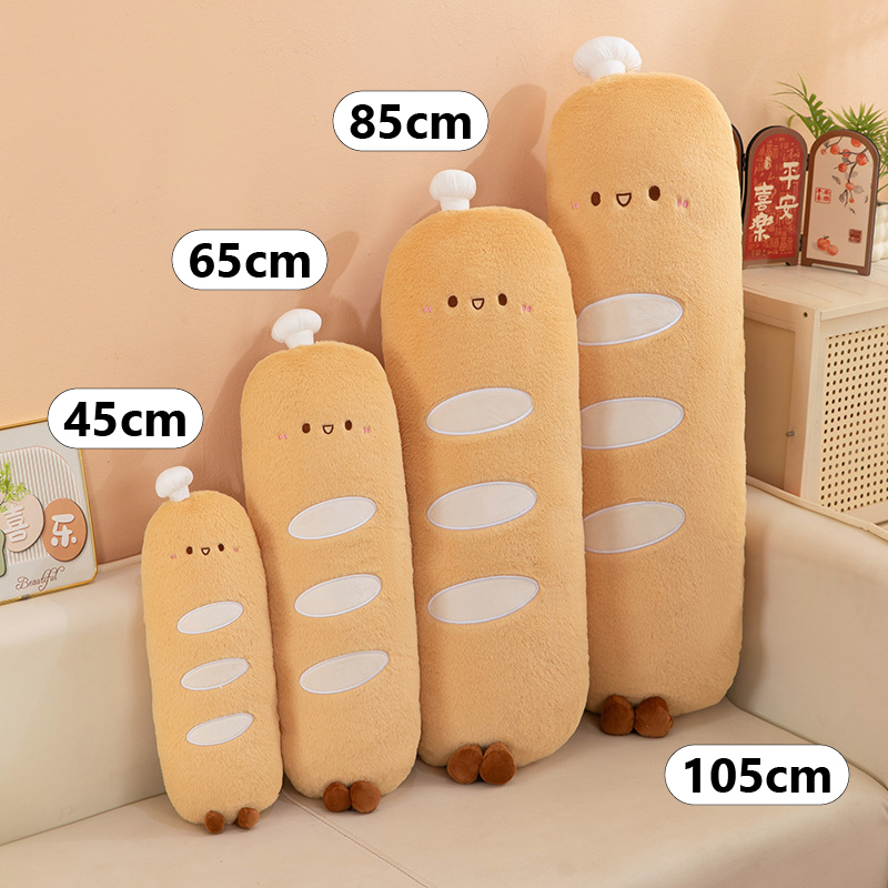 Chef baguette plush pillow size comparison 45 cm 65 cm 85 cm 105 cm, long soft body cushion for hugging, lounging, and home decor