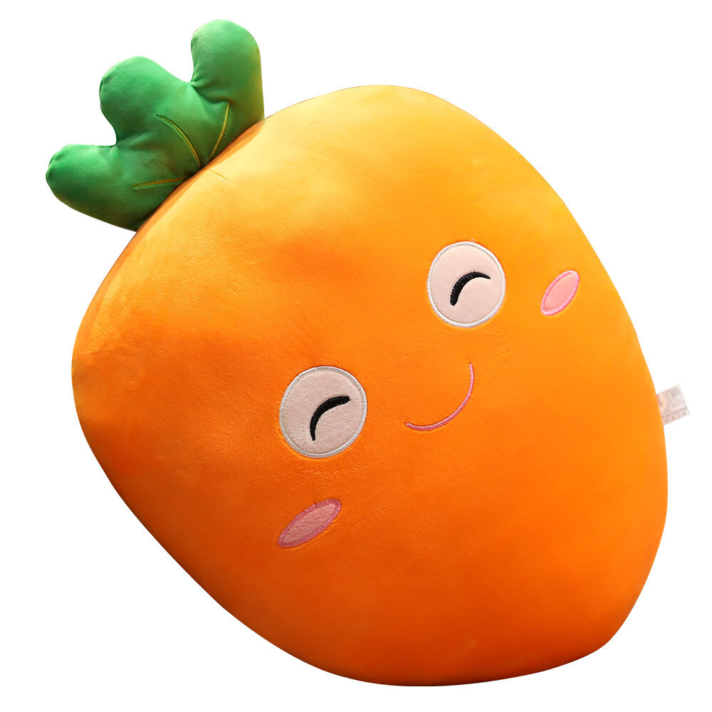 Carrot plush pillow with soft plush fabric and smiling face design, carrot-shaped cushion for hugging and home decor