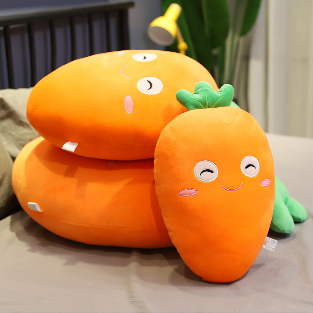 Carrot plush pillow stacked together showing soft plush texture and thickness, cozy cushion for bed or sofa use