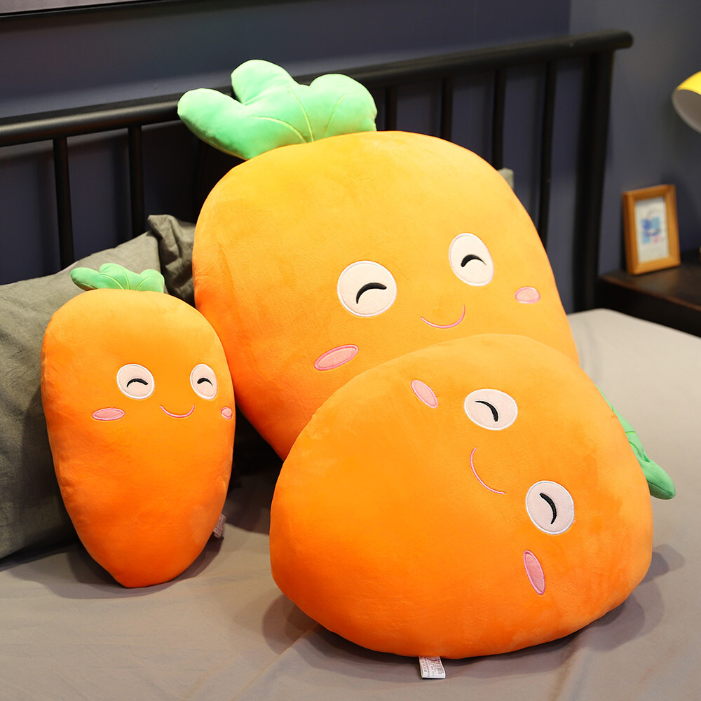 Carrot plush pillow placed on bed, soft and cozy cushion for lounging, sleeping, or decorative use