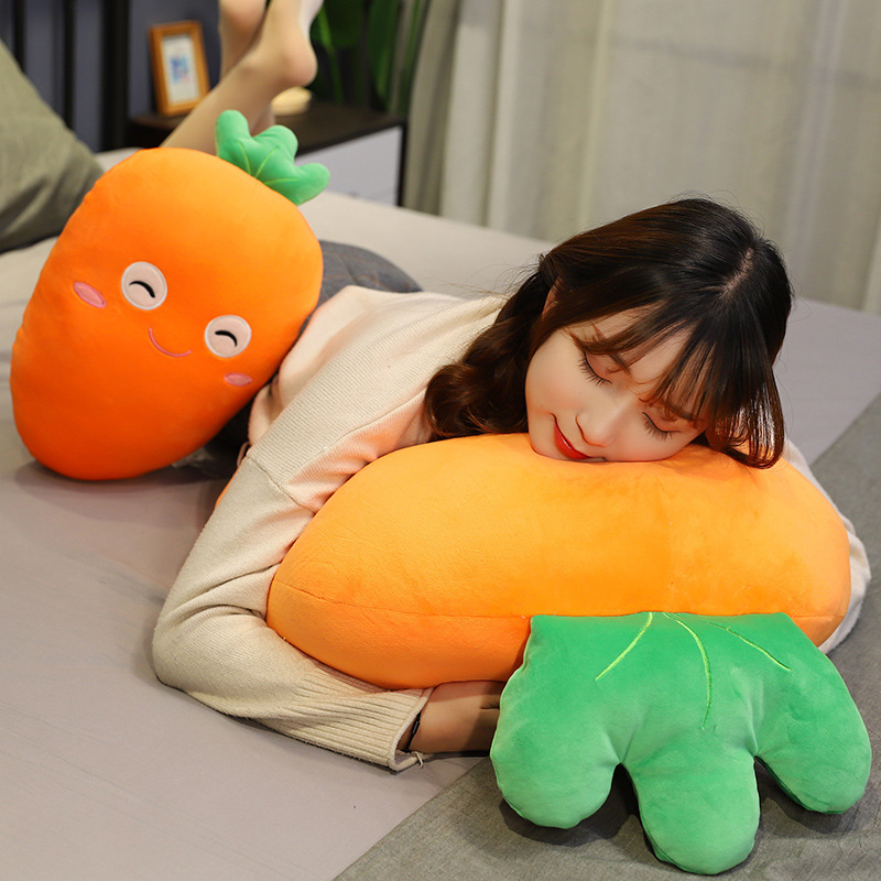 Carrot plush pillow used as a soft support cushion for resting or napping on bed, cozy plush pillow for relaxation