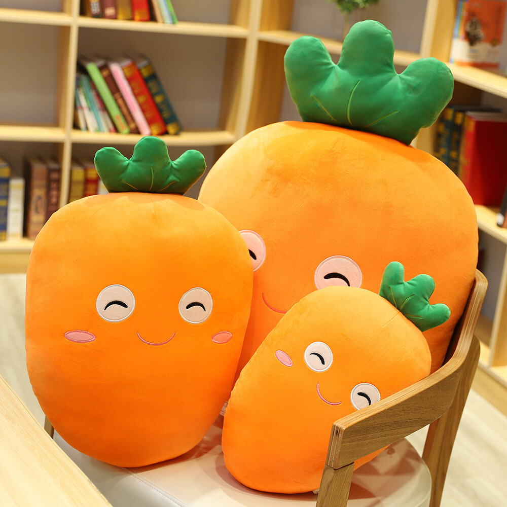 Carrot plush pillow in multiple sizes displayed on chair, soft plush cushions for seating support and home decor