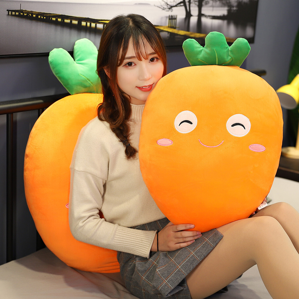 Carrot plush pillow used for hugging and back support, soft carrot-shaped cushion for relaxing on bed or sofa