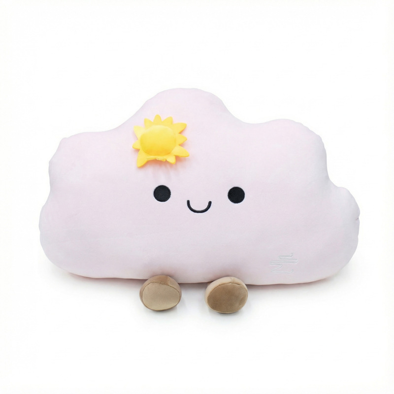 Pink star cloud plush pillow with sun detail, soft cloud cushion isolated on white background
