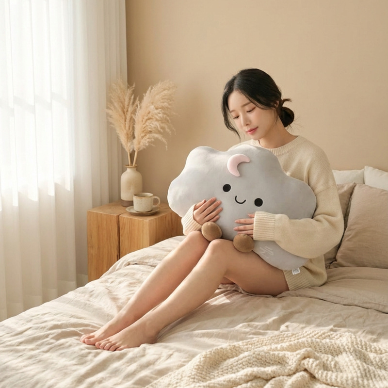 Star cloud plush pillow in gray, soft and cozy cloud cushion for hugging and relaxing on bed