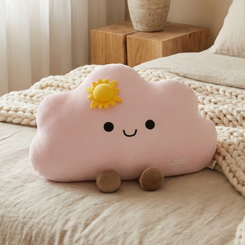 Pink star cloud plush pillow with sun detail, soft cloud cushion for cute and cozy home decor