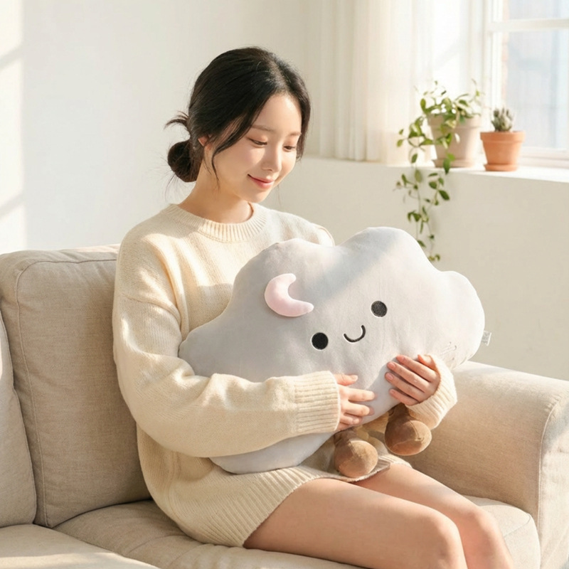 Star cloud plush pillow in gray, soft cloud cushion for comfortable hugging and cozy sofa relaxation