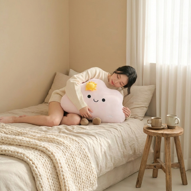 Star cloud plush pillow in pink, soft and cozy cloud cushion for hugging and comfortable sleep on bed