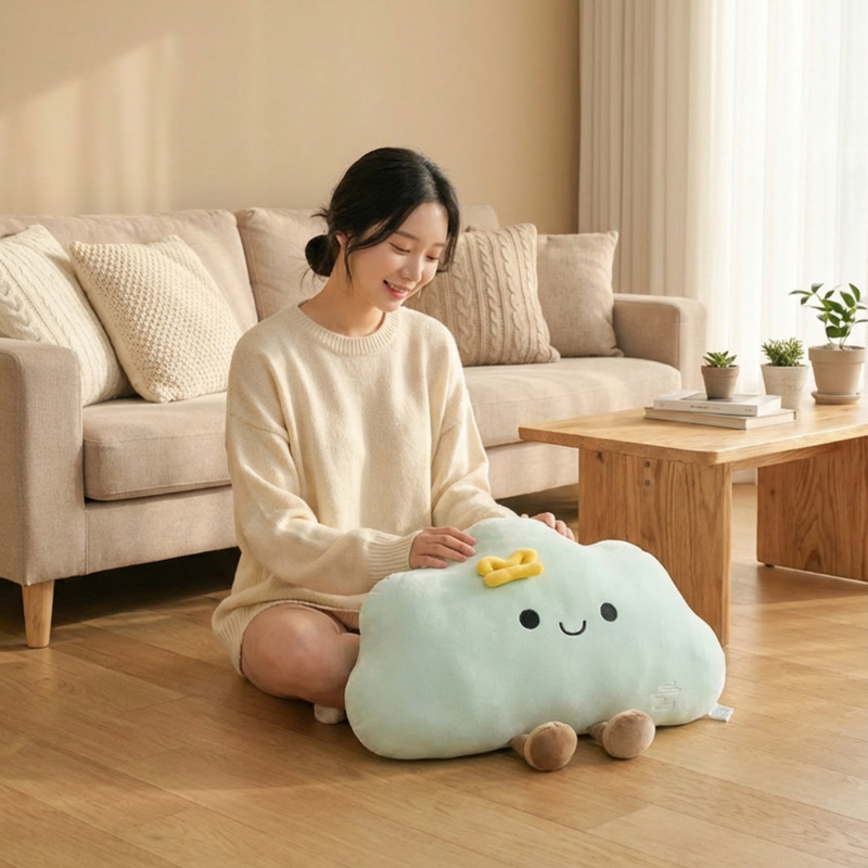 Star cloud plush pillow in green, soft and cozy cloud cushion for relaxing and casual home decor on floor