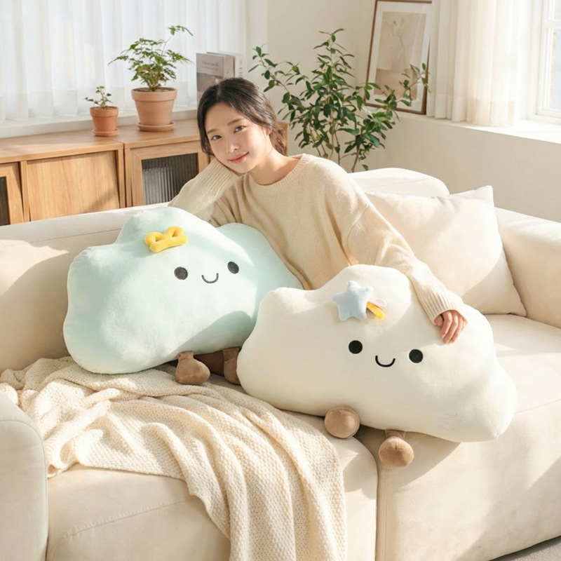 Star cloud plush pillow in green and beige on sofa, soft and cozy cushions for relaxing home decor