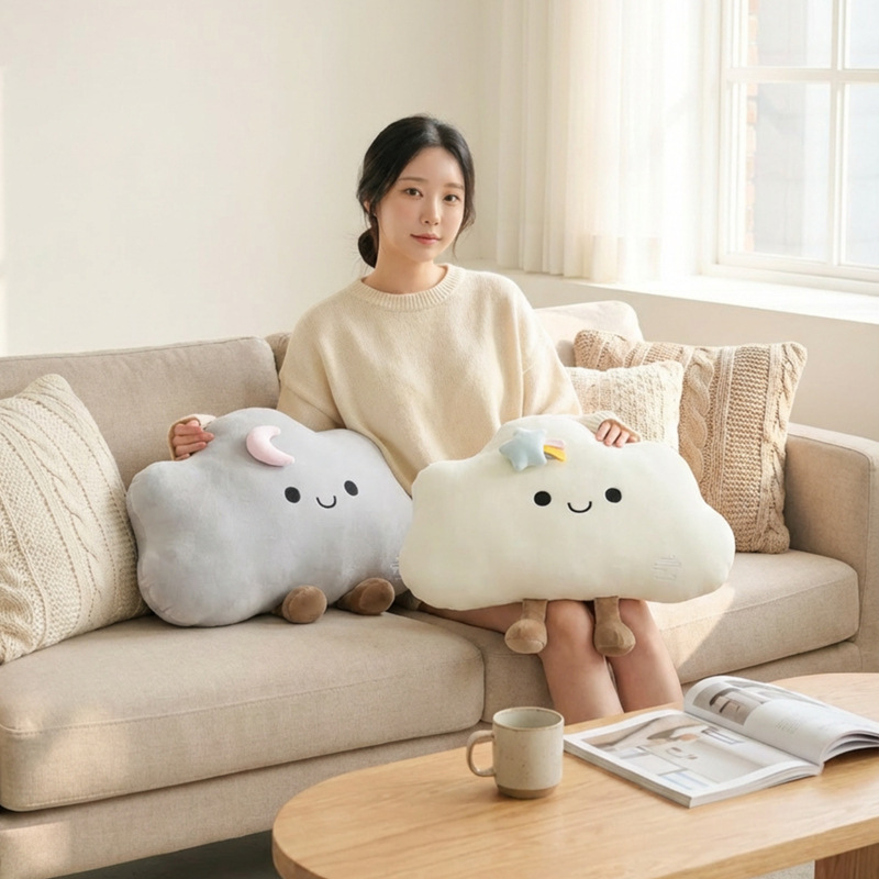 Star cloud plush pillow used on a sofa for relaxing, soft cloud cushion with star detail for cozy home comfort