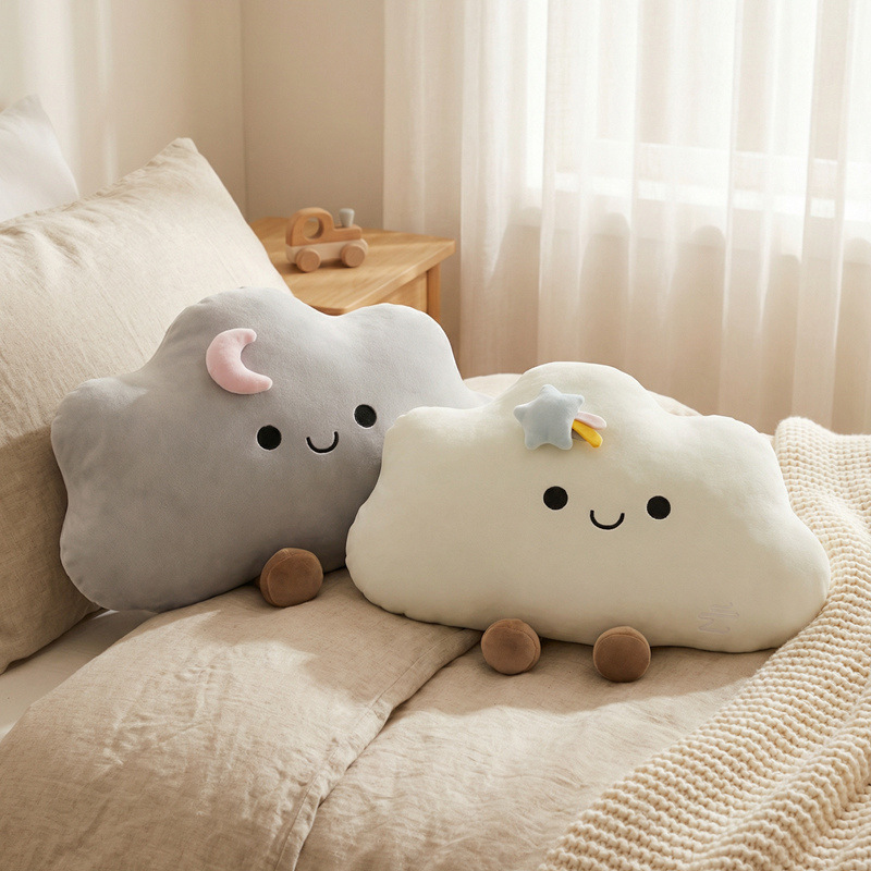 Star cloud plush pillow in gray and beige on bed, soft cloud cushion for cozy bedroom decor
