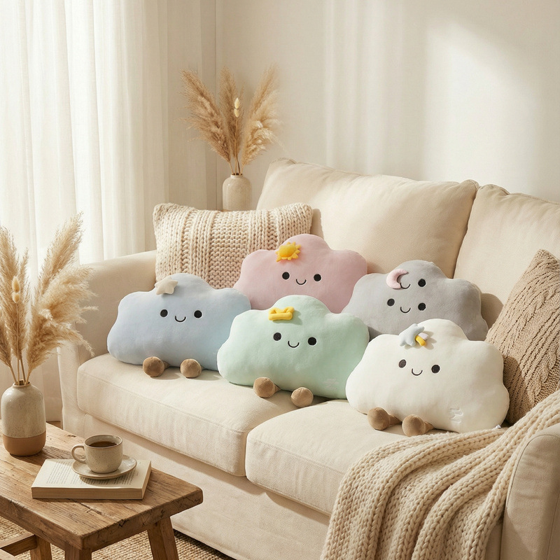 Star cloud plush pillow in multiple colors on sofa, soft and cozy cloud cushions for stylish home decor