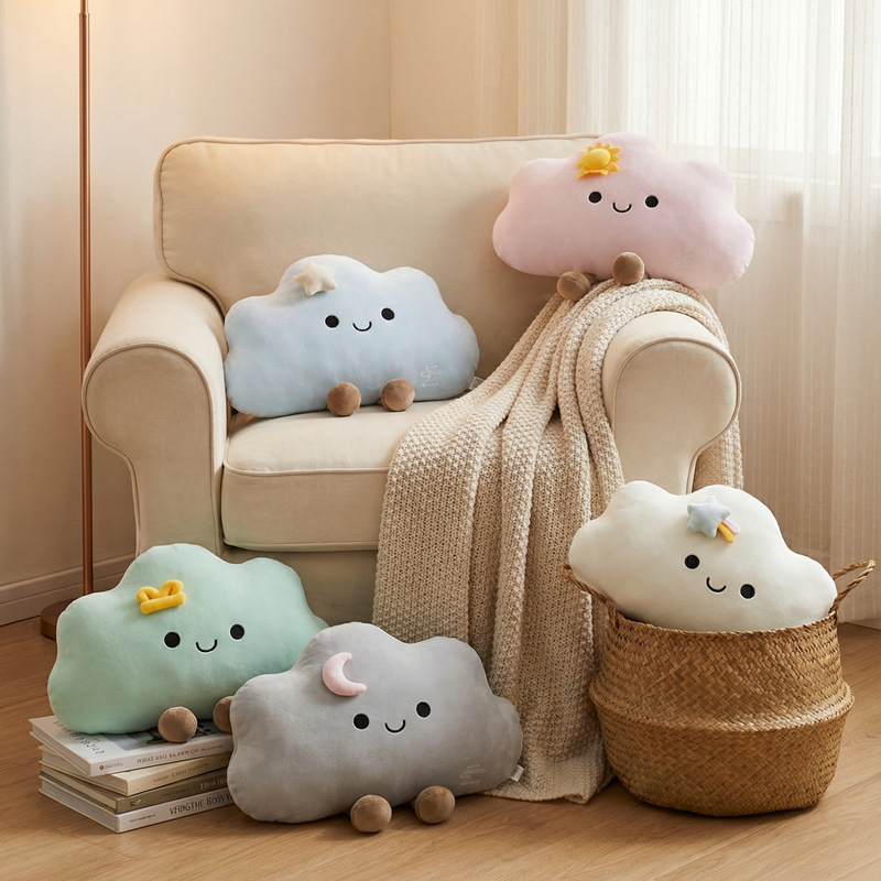 Star cloud plush pillow styled on armchair and basket, cute soft cloud cushion for bedroom and living room decor