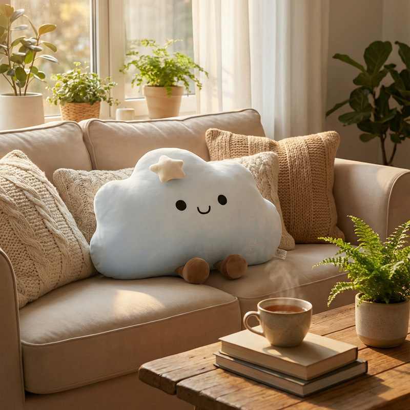 Star cloud plush pillow in blue on sofa, soft and cozy cloud cushion for relaxing living room decor with warm sunlight
