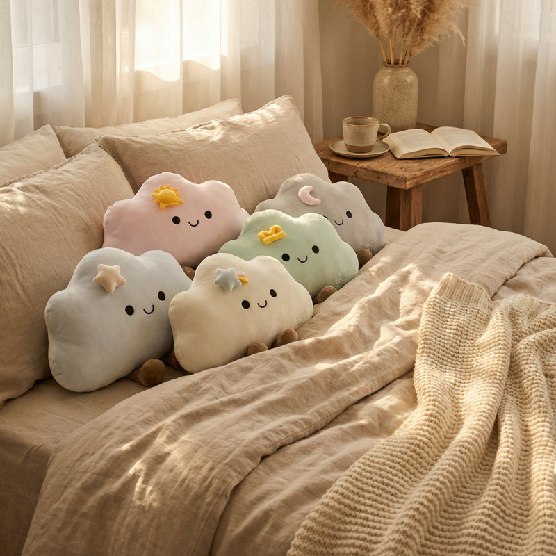Star cloud plush pillow in multiple colors on bed, soft and cozy cloud cushions for cute bedroom decor