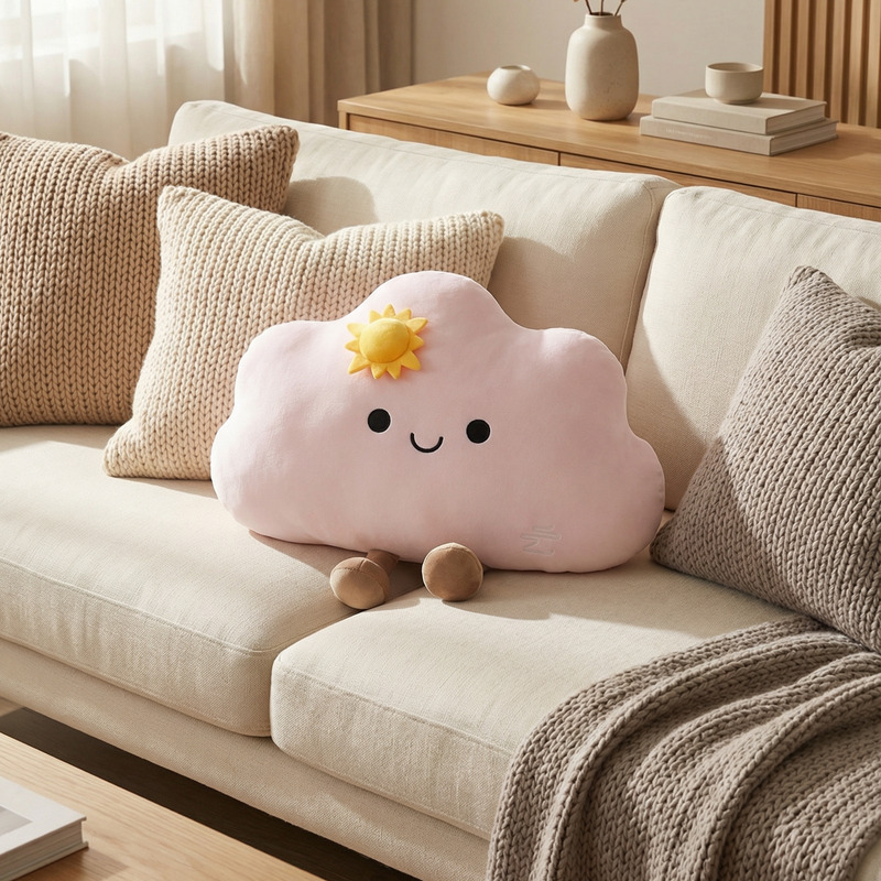 Star cloud plush pillow in pink on sofa, soft and cozy cloud cushion for cute living room decor