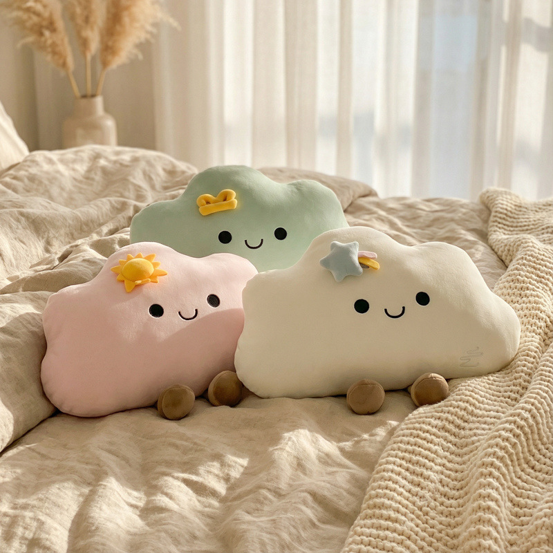 Star cloud plush pillow in pastel colors on bed, soft cloud cushion for cozy bedroom styling and relaxation