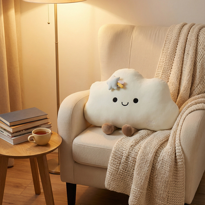 Star cloud plush pillow in beige on armchair, soft and cozy cloud cushion for warm and comfortable home decor