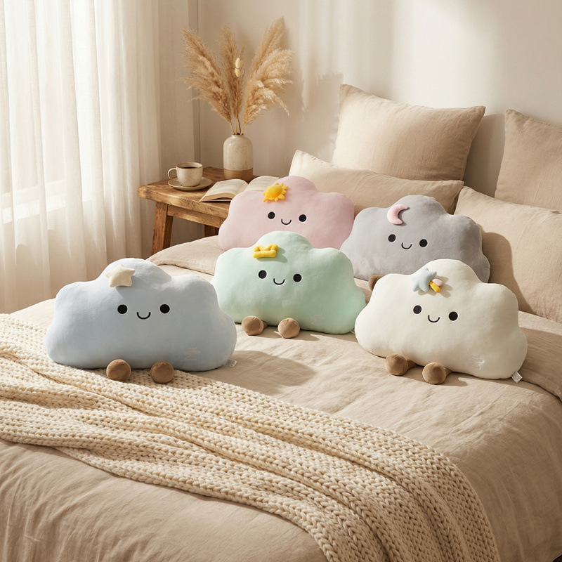Star cloud plush pillow in multiple colors on bed, soft cloud cushion for cozy and cute home decor