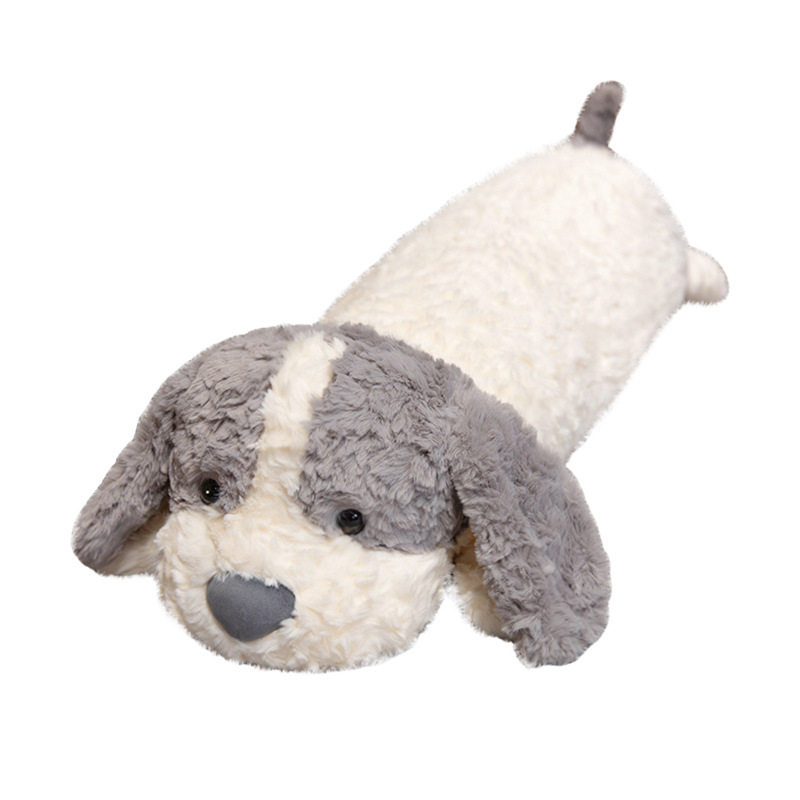 Gray lying dog long plush pillow with soft plush fabric and PP cotton filling, elongated body cushion for hugging and sleeping