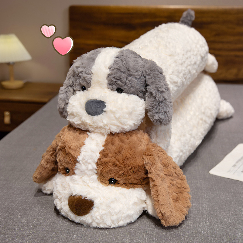 Lying dog long plush pillows in gray and brown stacked together, soft body cushions for hugging and cozy bedroom use