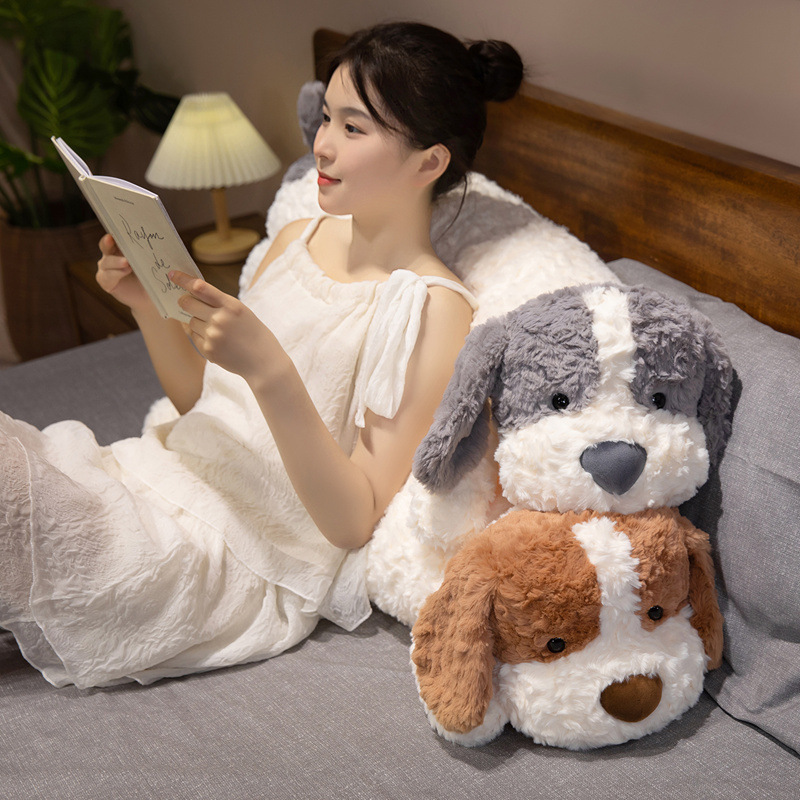 Lying dog long plush pillow as a comfortable back support cushion on bed, ideal for reading, lounging and cozy home use
