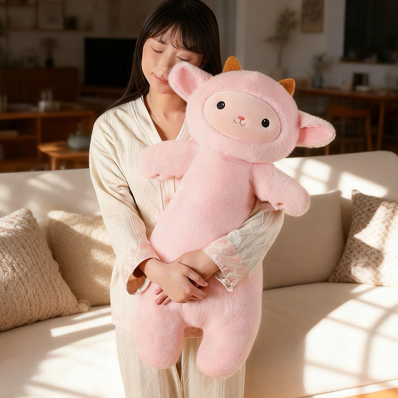Lamb plush pillow in pink, soft long hugging cushion for comfort, relaxation and cozy home use