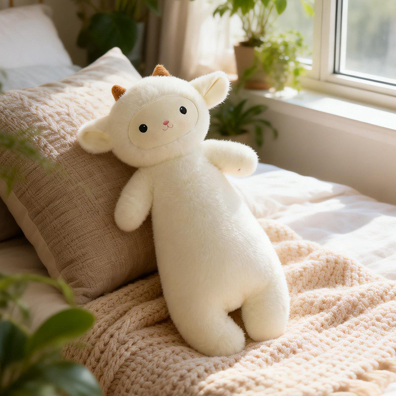 White lamb plush pillow by window, soft long cushion for relaxing, napping and cozy bedroom decor