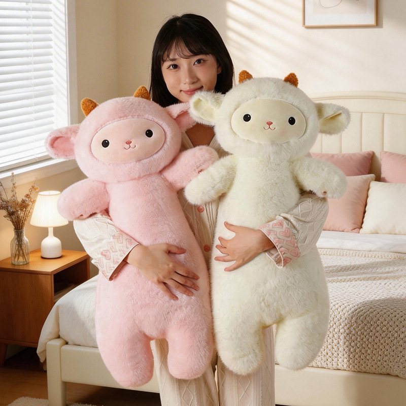 Lamb plush pillow in pink and white, soft long hugging cushion for comfort and cozy relaxation