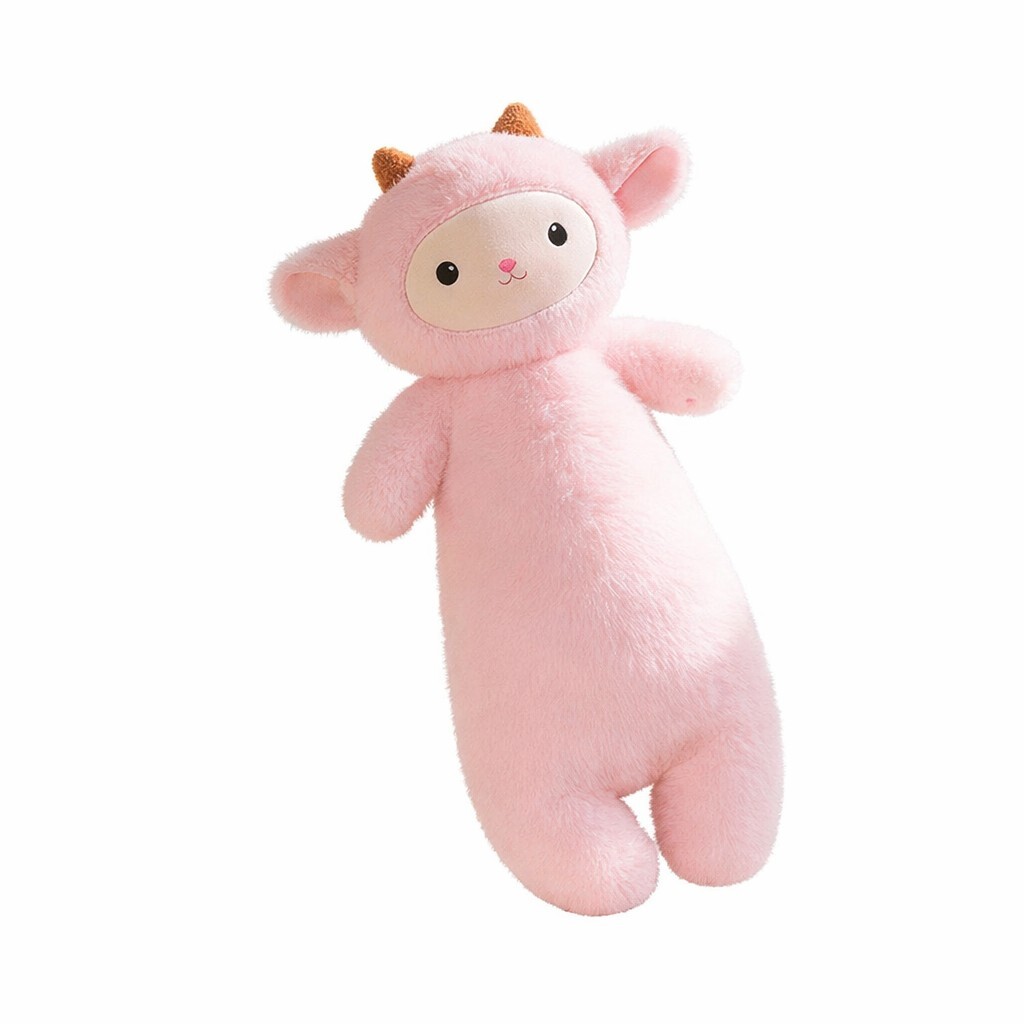 Pink lamb plush pillow on white background, soft long hugging cushion with plush fabric and PP cotton filling