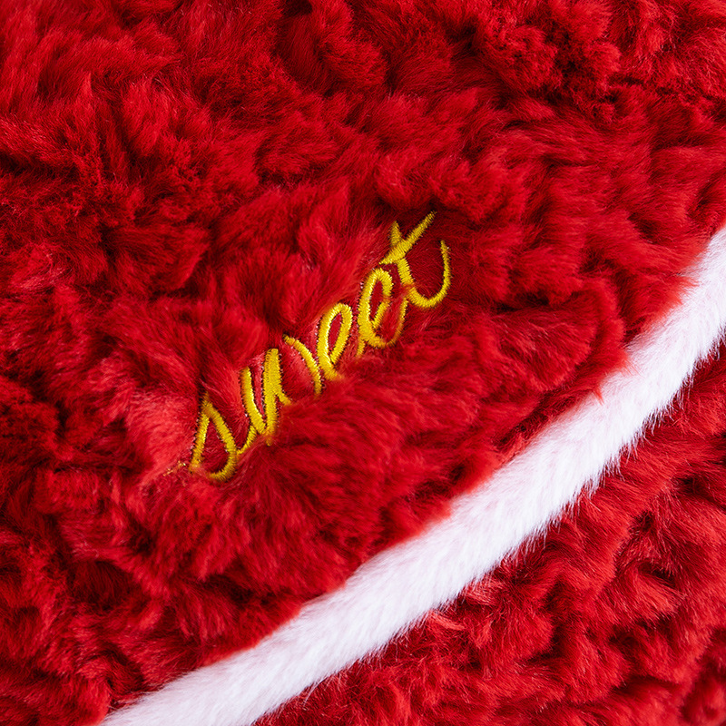 Close-up of heart plush pillow showing soft fluffy texture and embroidered detail on red plush fabric