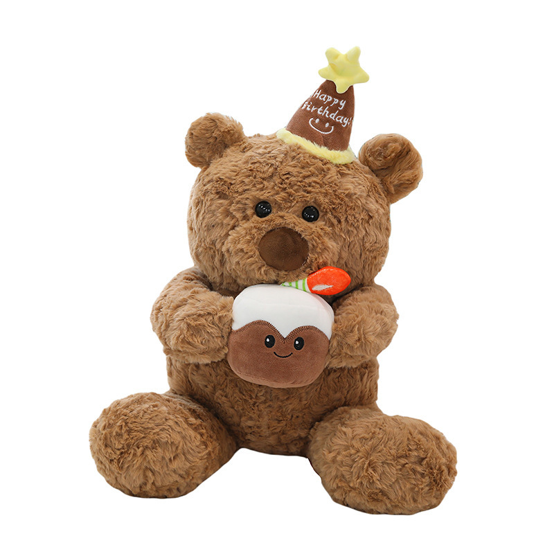 Birthday cake bear plush toy soft teddy bear holding cake plush isolated on white background for product display